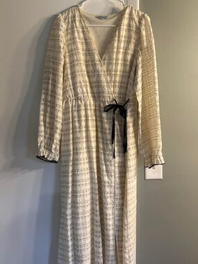Dapper Boi Cream Striped Backless Wrap Maxi Dress with Black Tie